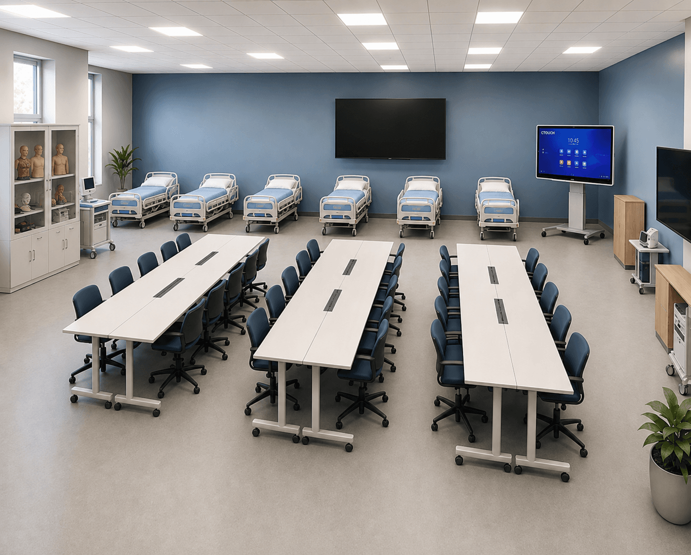 Modern medical simulation center at UMFST-UMCH with simulation beds, group tables, wall-mounted TV, mobile C-Touch display and a cabinet with simulation mannequins.